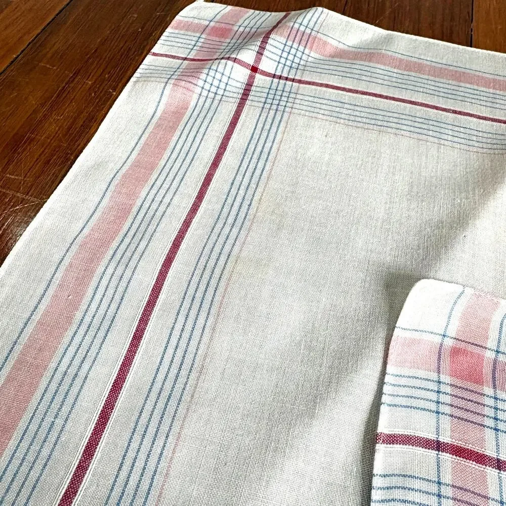 Vintage Plaid Cotton Handkerchief Set Pink Blue 11x11
